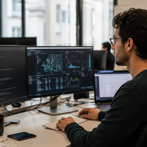A data professional working with code and dashboards on two monitors